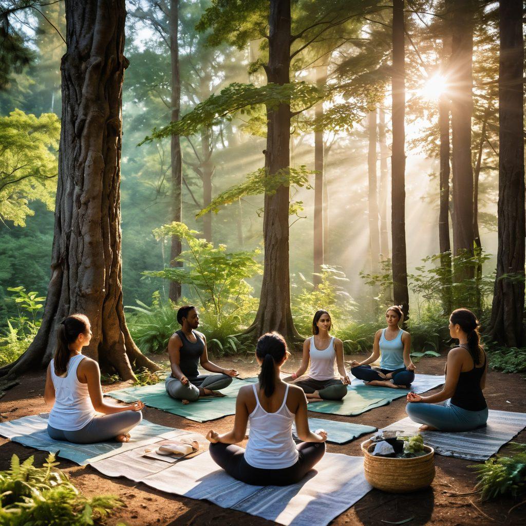 A serene nature scene featuring a diverse group of individuals practicing yoga and meditation in a lush green forest. Incorporate elements symbolizing holistic health, such as herbal remedies, essential oils, and a balanced meal spread on a picnic blanket. The atmosphere should radiate tranquility and connection to nature, with soft sunrise lighting filtering through the trees. Illustrate diverse ethnicities to reflect inclusivity. painting. vibrant colors. serene atmosphere.