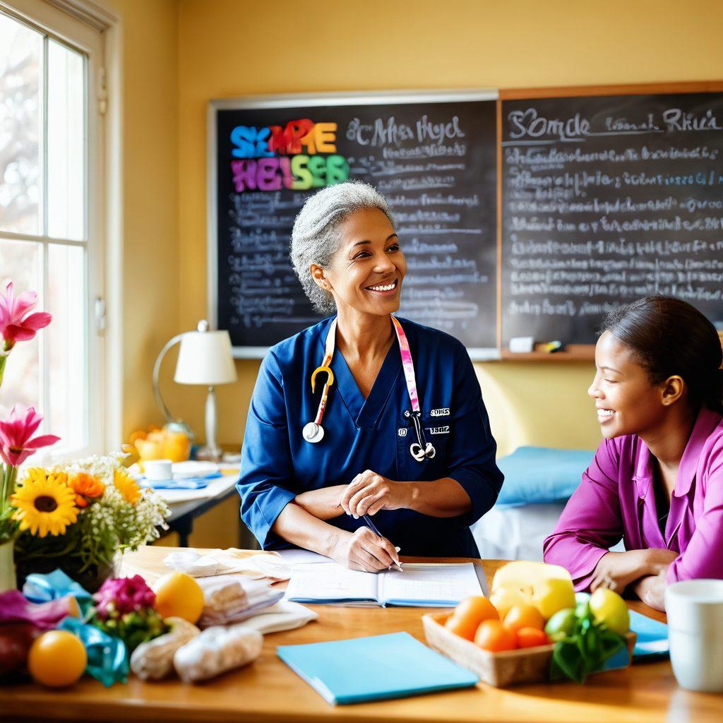 A compassionate healthcare provider engaging with a diverse group of patients, surrounded by symbols of awareness such as ribbons and informative materials. Include sunlight streaming through a window, creating a warm atmosphere, and a chalkboard with wellness strategies written on it in vibrant colors. Elements of hope like blooming flowers and healthy foods scattered around. soft-focus. vibrant colors. warm tones.