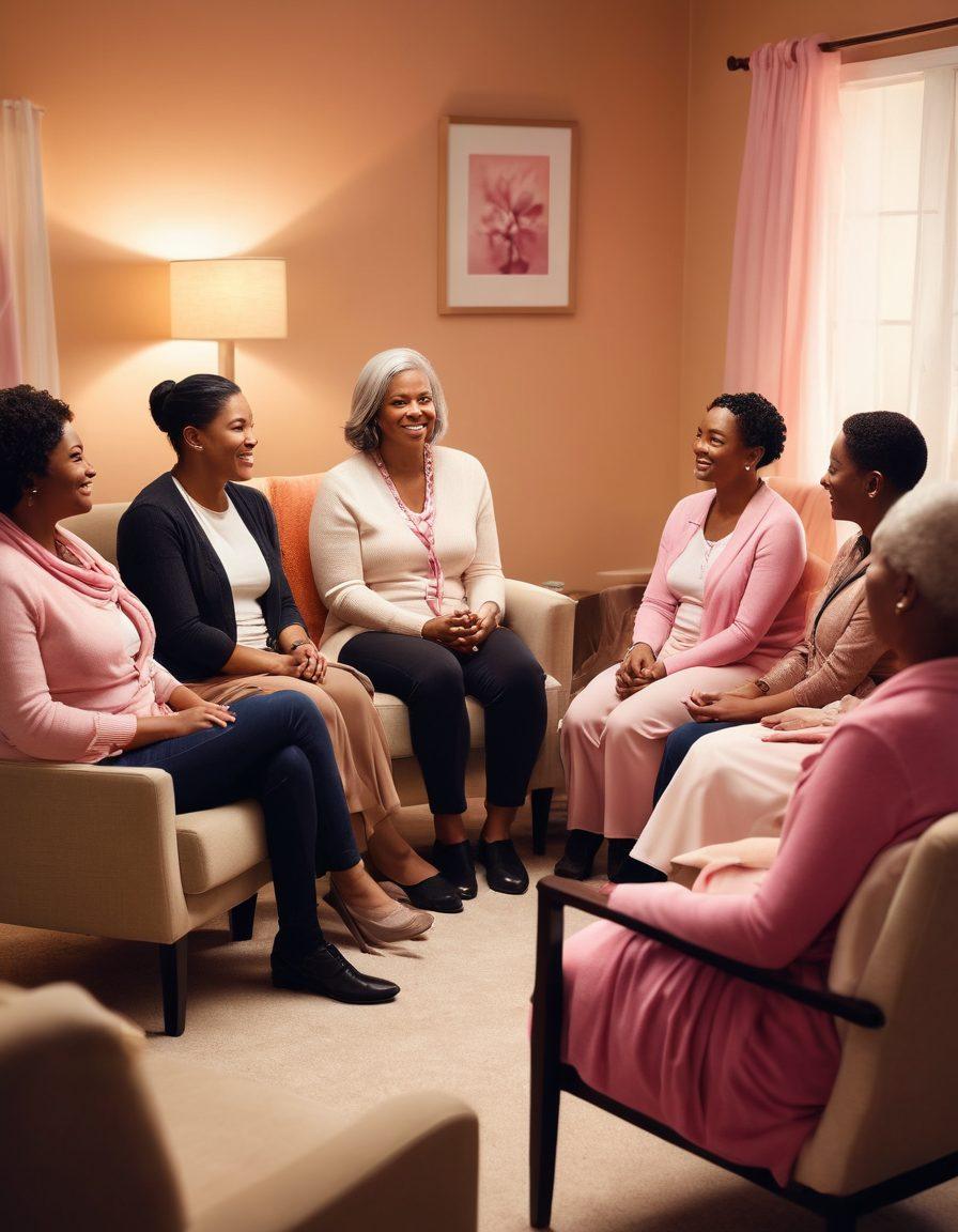 A warm, inviting scene of diverse individuals gathered in a cozy support group setting, sharing stories and laughter. Include elements like comforting chairs, hand-holding, and a symbolic ribbon representing cancer awareness in the background. Soft lighting to evoke a sense of hope and togetherness, with an emphasis on diverse age groups and ethnic backgrounds. super-realistic. warm colors.